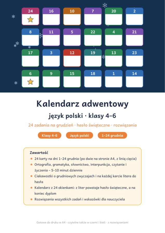Kalendarz adwentowy klasy 4–6 – język polski: 24 zadania z rozwiązaniami