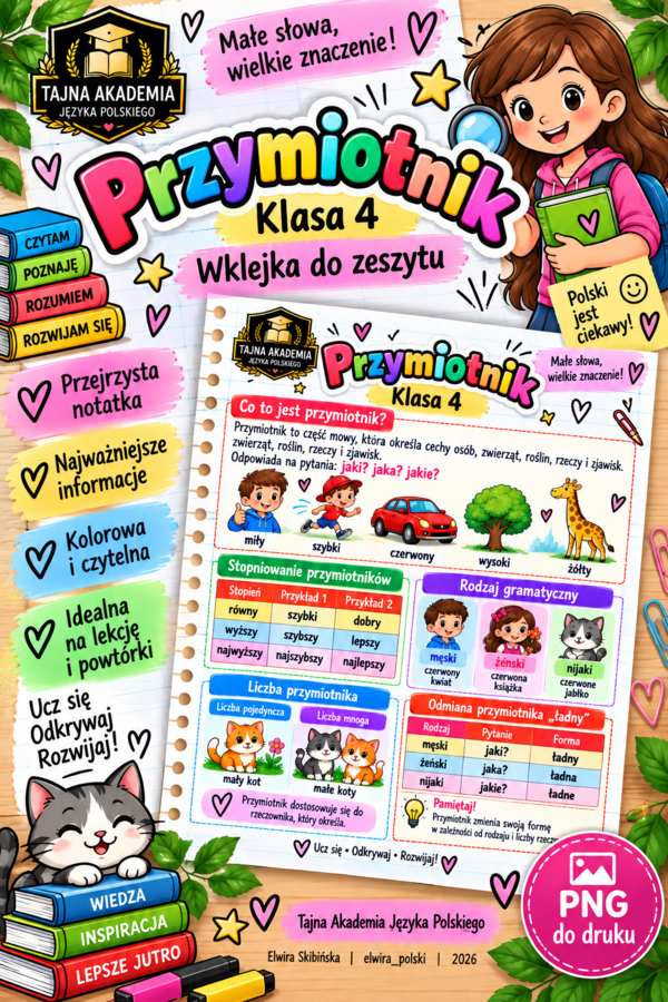 Przymiotnik – wklejka do zeszytu | Klasa 4 | Tajna Akademia Języka Polskiego | PNG