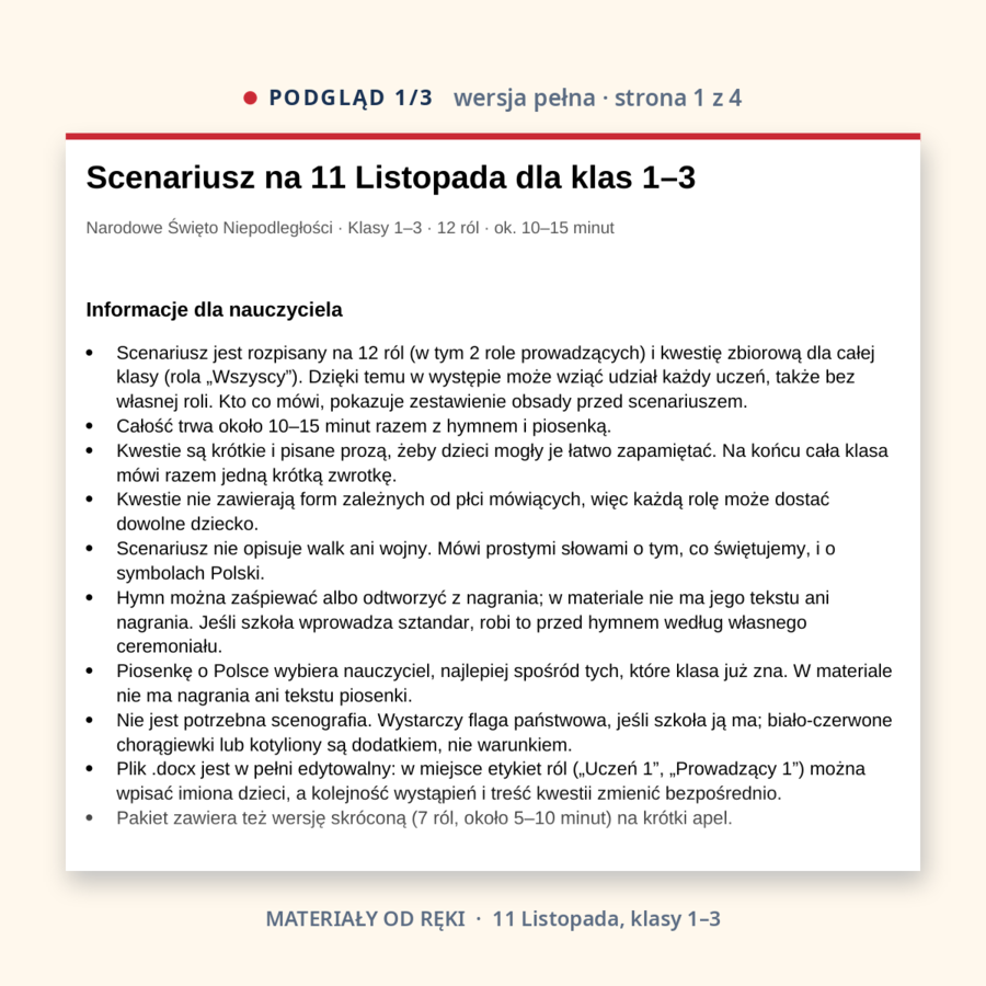 Scenariusz na 11 Listopada, Narodowe Święto Niepodległości, klasy 1–3, wersja pełna i skrócona