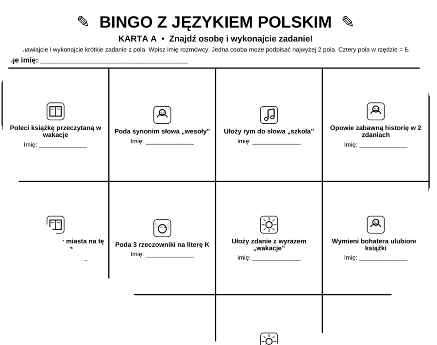 Językowo-literackie bingo dla klasy 5 lub 6
