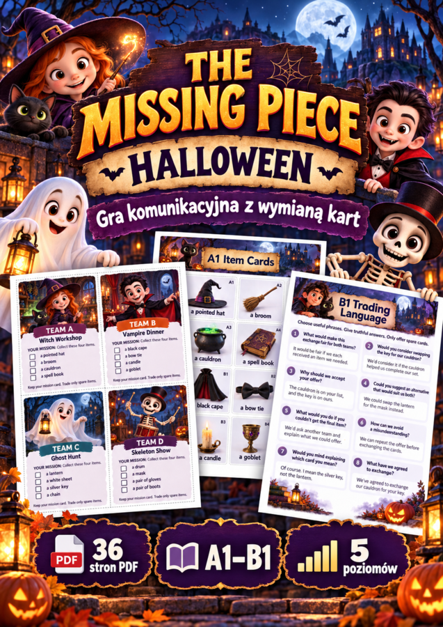 GRA Halloween – The Missing Piece | Gra komunikacyjna z wymianą kart | Angielski A1–B1 | 36 stron PDF