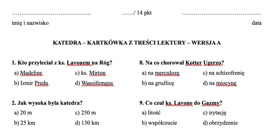 Kartkówka z treści  lektury „Katedra” Jacka Dukaja – Wersje A i B z kluczem odpowiedzi