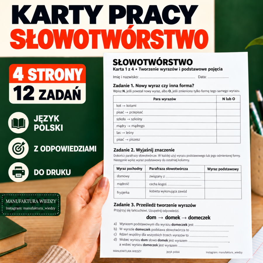 Słowotwórstwo – karty pracy z odpowiedziami | Klasa 7–8 | Egzamin ósmoklasisty | Nauczyciel