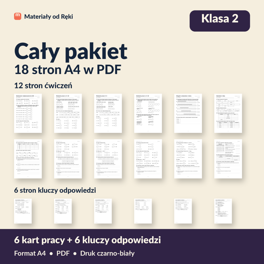 Matematyka klasa 2 - 6 tematów, 6 kart pracy z kluczami | Pakiet Wariant A