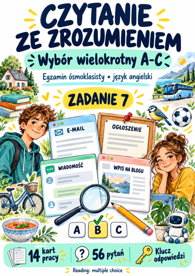 Czytanie ze zrozumieniem E8 – Wybór wielokrotny A–C | 14 kart pracy, 56 pytań + klucz