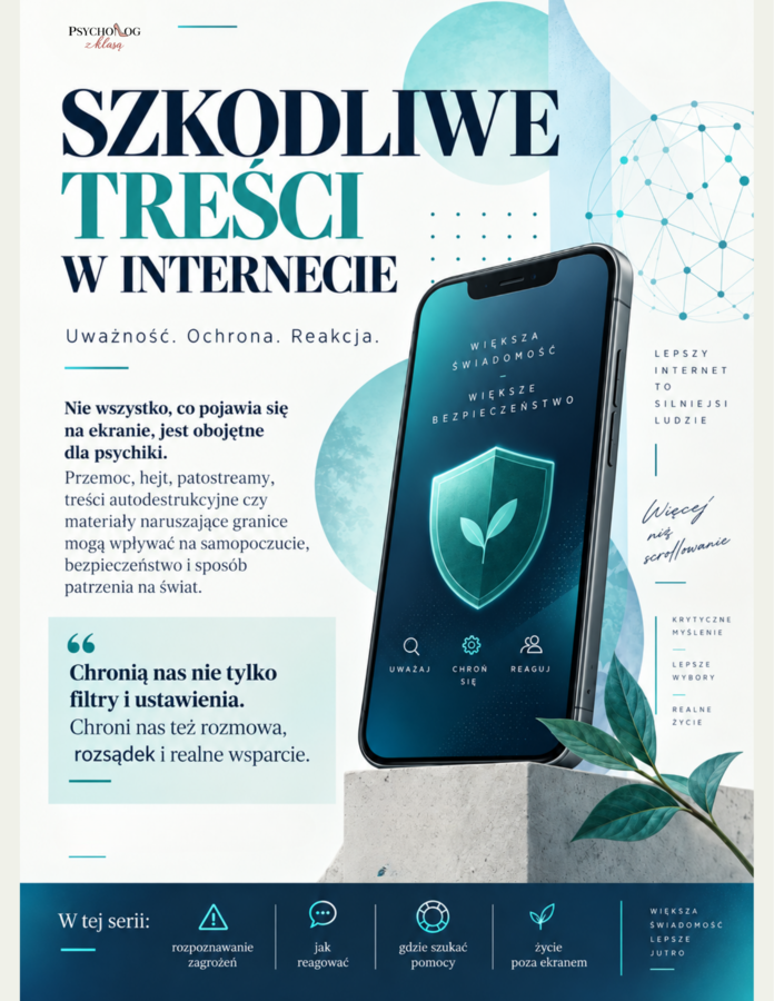 Szkodliwy content w internecie, zagrożenia sieci, hejt, ochrona wizerunku, plakaty, gazetka