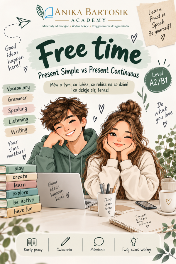 Free time – Present Simple vs Present Continuous | karty pracy + słownictwo | A2/B1