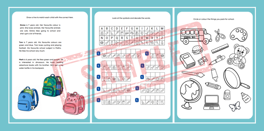 BACK TO SCHOOL – ENGLISH ACTIVITY PACK | KLASY 1–3 (counting, matching, wordsearch, decoding i więcej!)