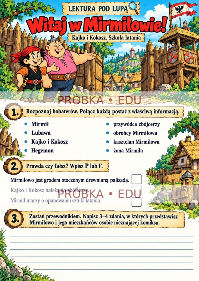 KAJKO I KOKOSZ. SZKOŁA LATANIA — LEKTURA POD LUPĄ Ilustrowane karty pracy, test i odpowiedzi