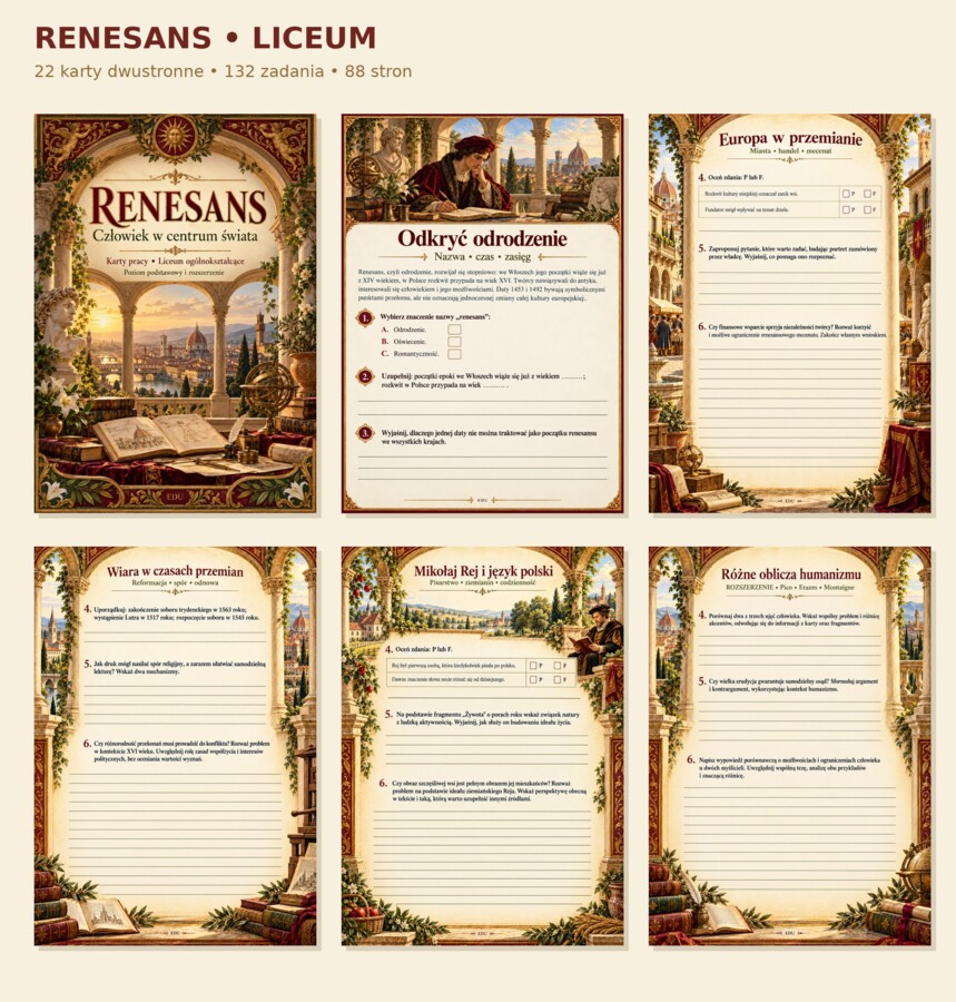 RENESANS — człowiek w centrum świata | LO | 22 karty dwustronne, 132 zadania i klucze