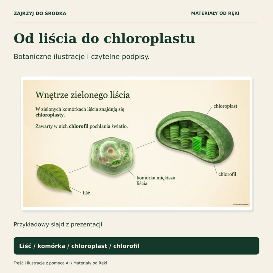 Fotosynteza, klasa 5 - 15 slajdów, karta pracy PDF/DOCX i przewodnik