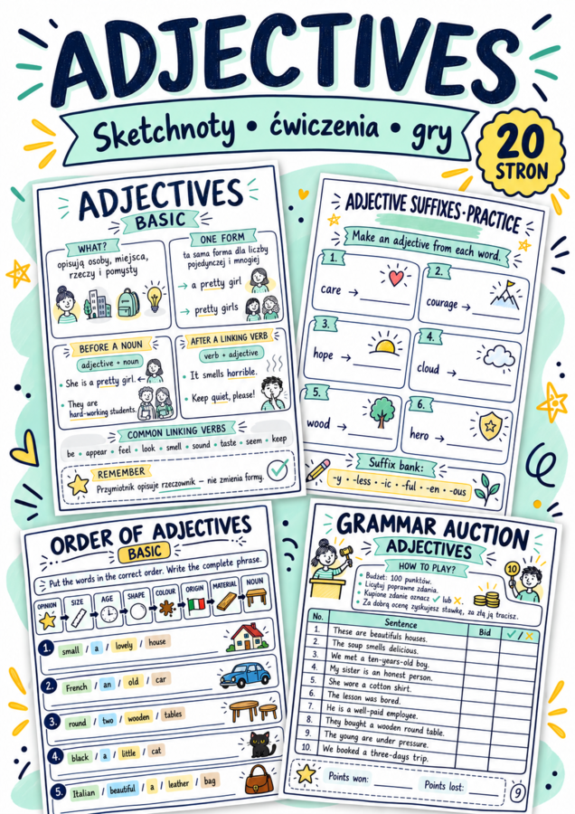 Przymiotniki angielskie – sketchnoty, ćwiczenia i gry | Basic & Extended