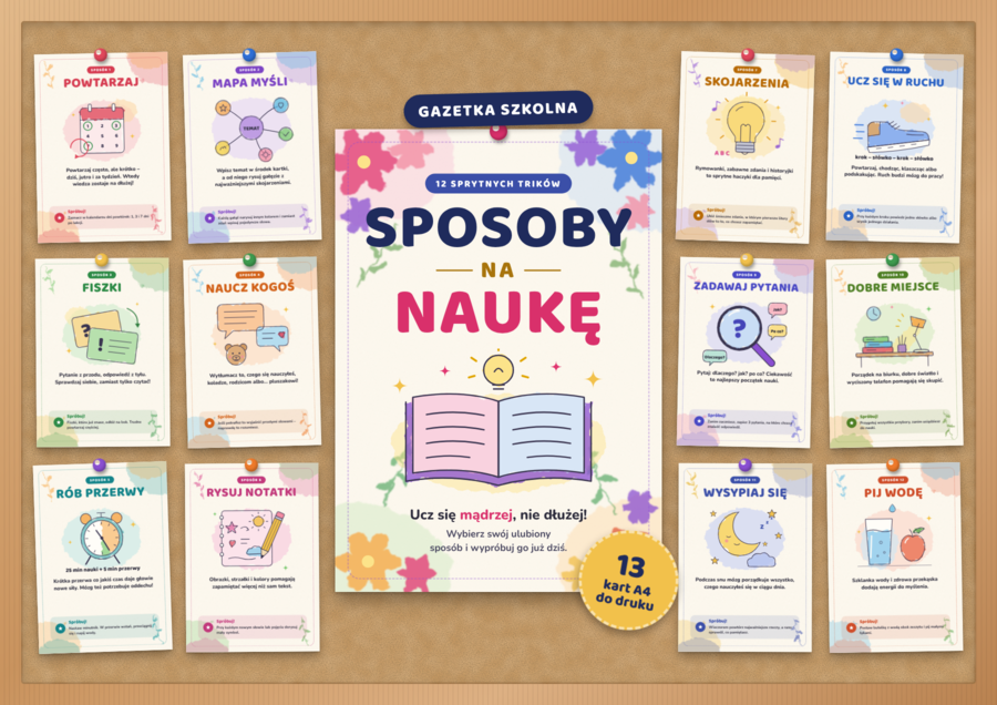 Sposoby na naukę – gazetka szkolna do druku | 13 kart A4 w stylu akwareli