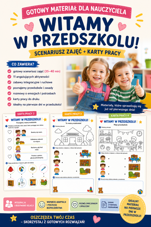 Scenariusz  zajęć integracyjno-adaptacyjnych dla dzieci w wieku 3–4 lat "Witamy w przedszkolu" Poznajemy nasze przedszkole, nowych przyjaciół i zasady wspólnej zabawy