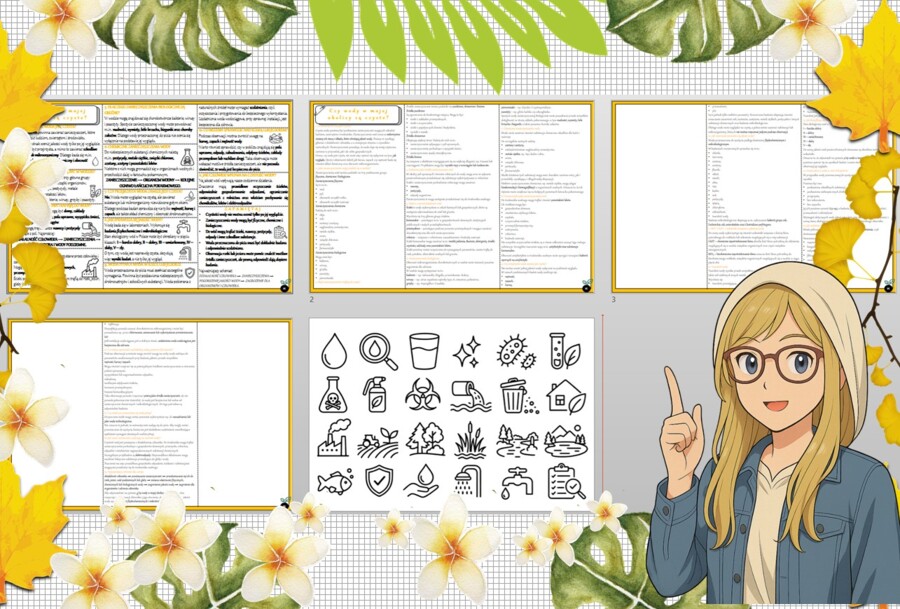 Sketchnotka/notatka - dla ucznia i przypomnienie dla nauczyciela w pdf. Temat "Czy wody w mojej okolicy są czyste?". Edukacja zdrowotna. Klasa 5.