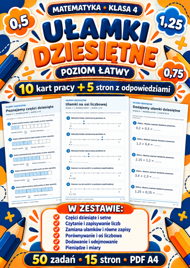 UŁAMKI  DZIESIĘTNE-ŁATWE-klasa 4