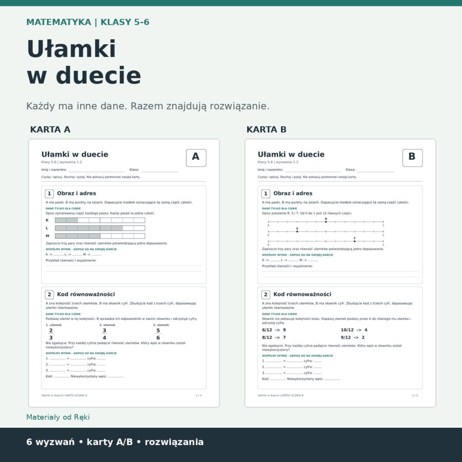 Ułamki w duecie - zadania w parach z kartami A/B, klasy 5-6