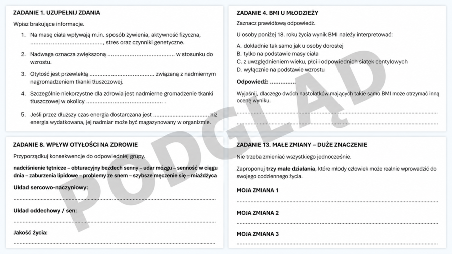 Profilaktyka nadwagi, otyłości i zespołu metabolicznego – wpływ masy ciała na zdrowie. Karta pracy + klucz odpowiedzi | edukacja zdrowotna