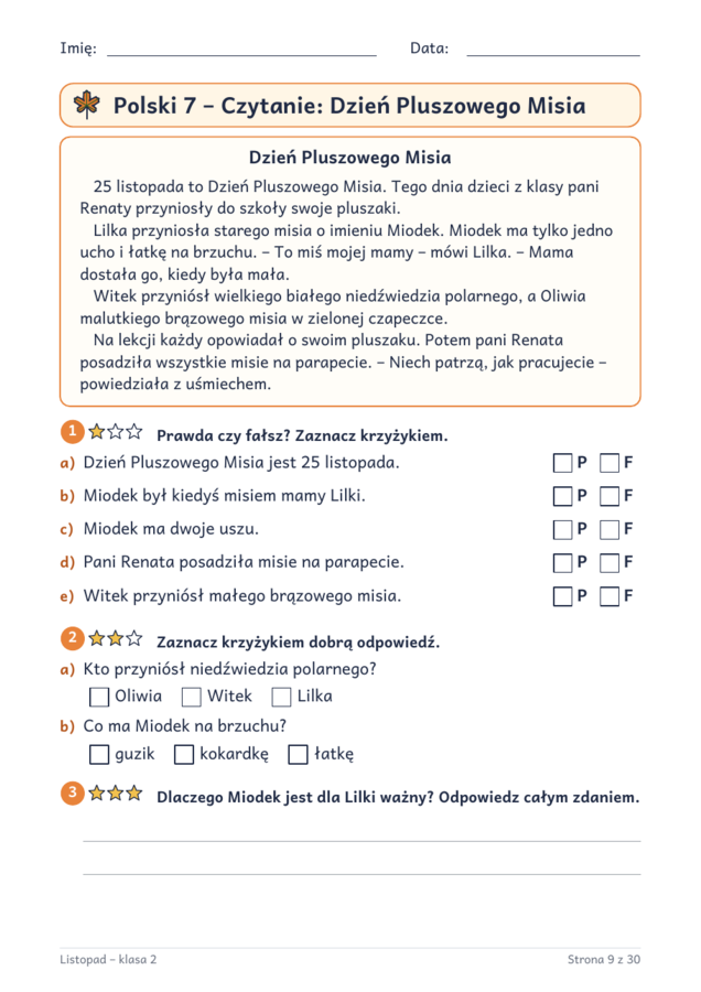 Listopad klasa 2: karty pracy z polskiego i matematyki