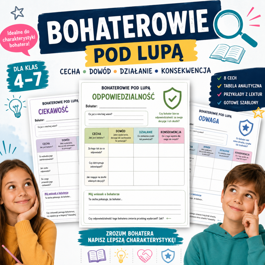 Bohaterowie pod lupą — cecha, dowód, działanie, konsekwencja