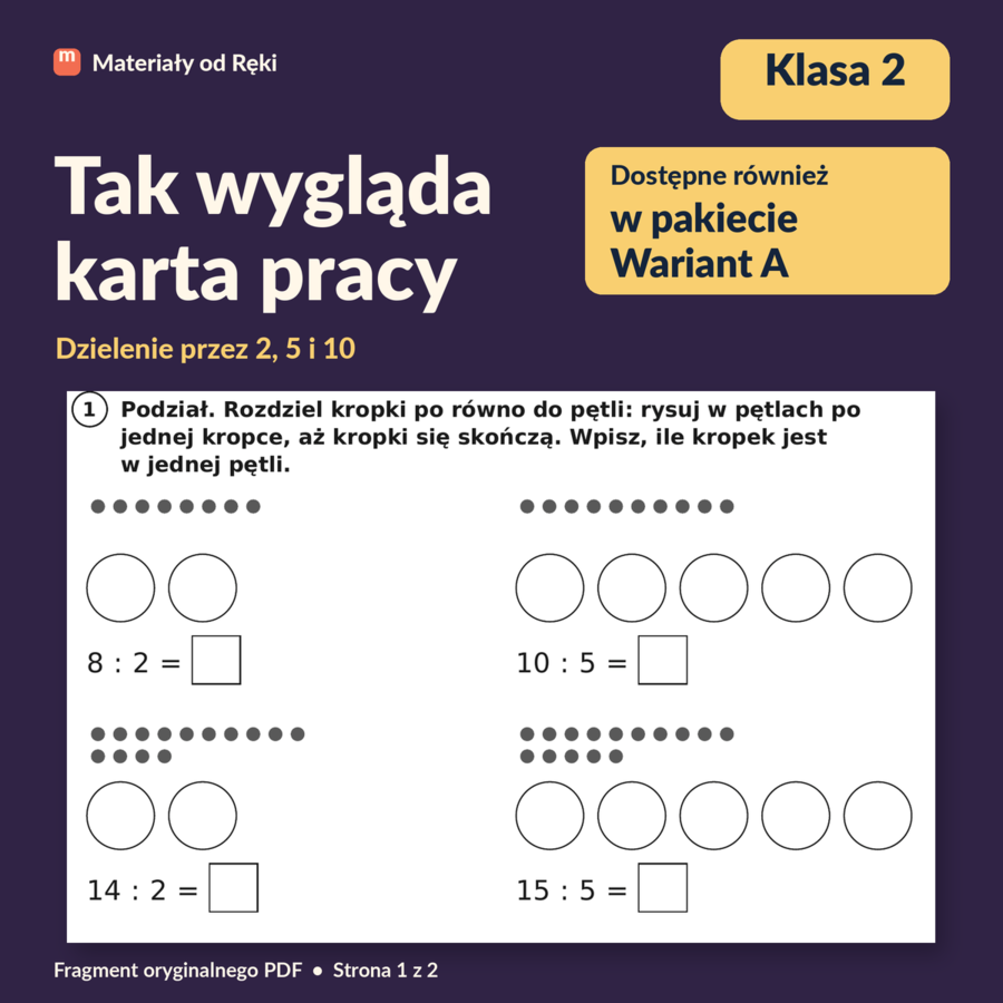 Dzielenie przez 2, 5 i 10: podział i mieszczenie - karta pracy z kluczem | Matematyka, klasa 2 | Wariant A