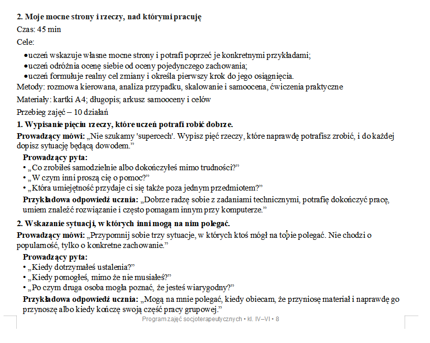 Program zajęć socjoterapeutycznych – klasy IV–VI. Rewalidacja.