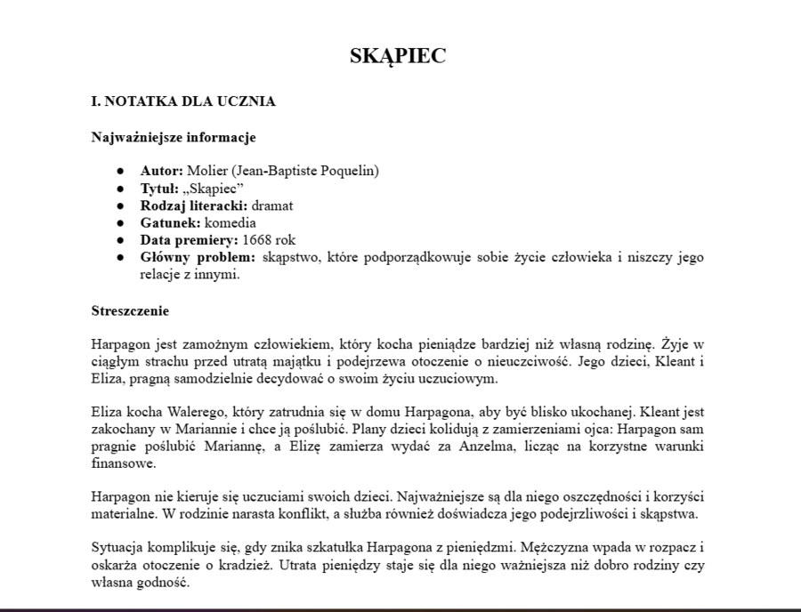 Skąpiec- materiał do pracy z lekturą