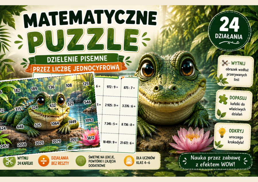 Matematyczne Puzzle – Dzielenie pisemne przez liczby jednocyfrowe | Klasy 4–6 🧩🐊
