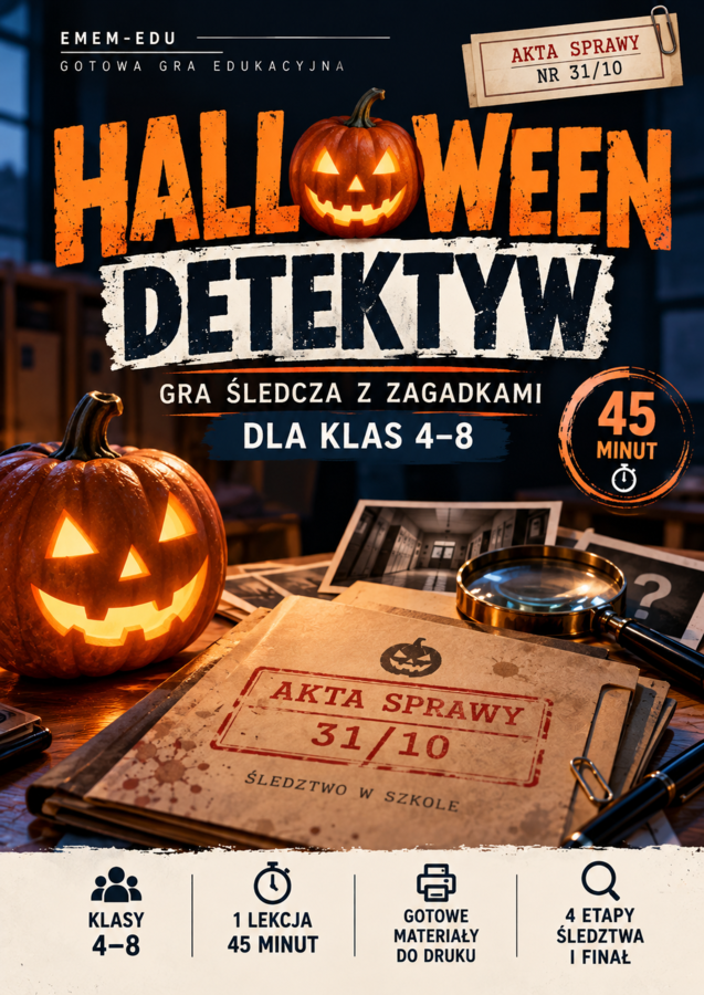 Halloween Detektyw – gra śledcza z zagadkami dla klas 4–8 | Gotowy materiał na 45 minut