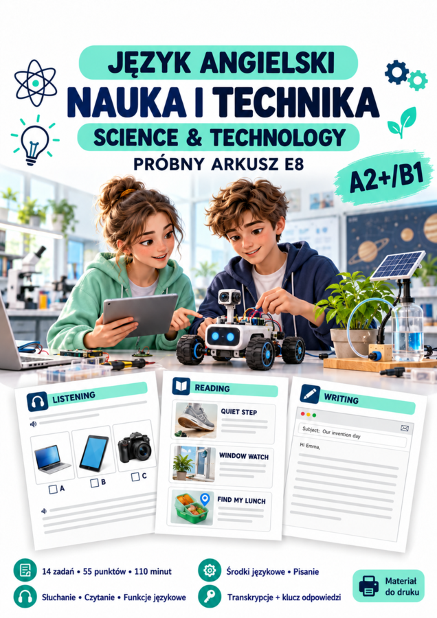 Nauka i technika - egzamin próbny E8  | Angielski A2+/B1 | Arkusz tematyczny z transkrypcjami i kluczem