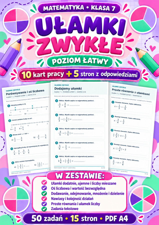 UŁAMKI  ZWYKŁE-ŁATWE-klasa 7