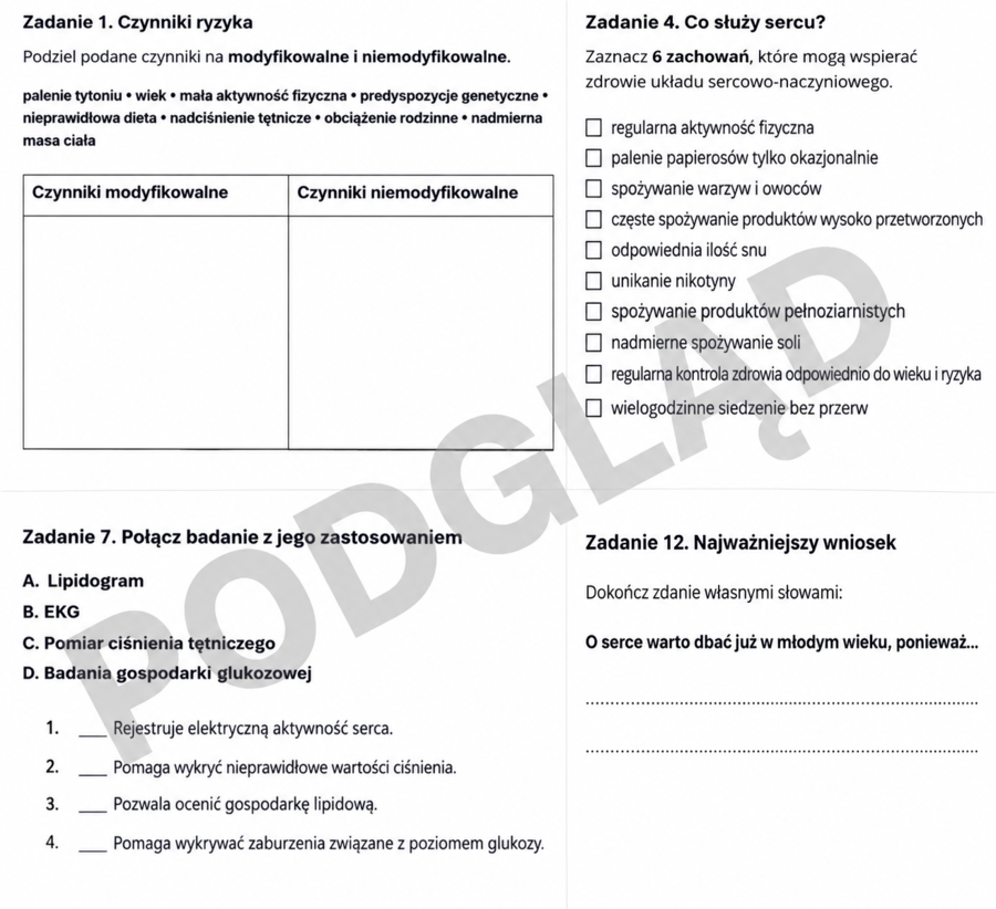 Profilaktyka kardiologiczna – jak dbać o serce przez całe życie | Karta pracy + klucz odpowiedzi, edukacja zdrowotna