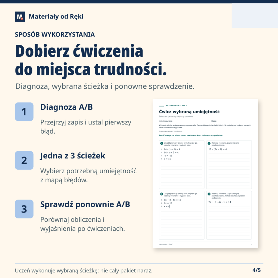 Równania: znajdź błędny krok - diagnoza i 3 ścieżki ćwiczeń | Matematyka, klasa 7