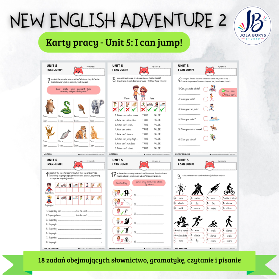 New English Adventure 2 – Unit 5: I Can Jump! – karty pracy