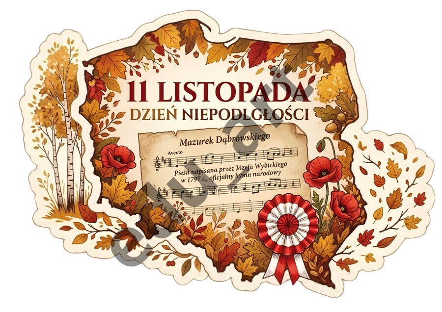Plakat XXL 11 Listopada Dzień Niepodległości – Mapa Polski, Mazurek Dąbrowskiego (75x50 cm, 8xA4) | Gazetka Ścienna