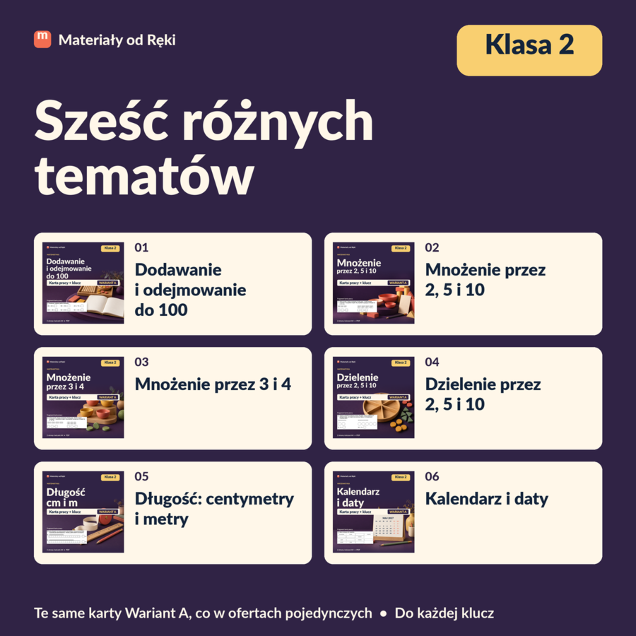 Matematyka klasa 2 - 6 tematów, 6 kart pracy z kluczami | Pakiet Wariant A