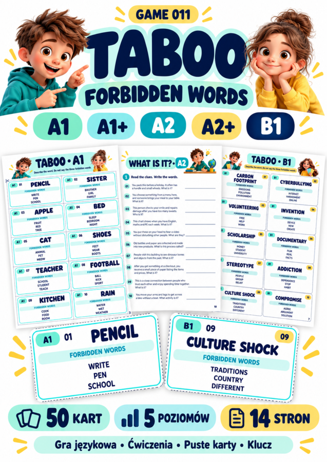 GRA Taboo – Forbidden Words | Gra językowa A1–B1 | 50 kart + ćwiczenia | 14 stron