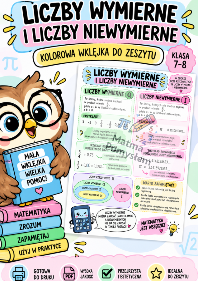 Liczby wymierne i niewymierne – kolorowa wklejka do zeszytu | Klasy 7–8