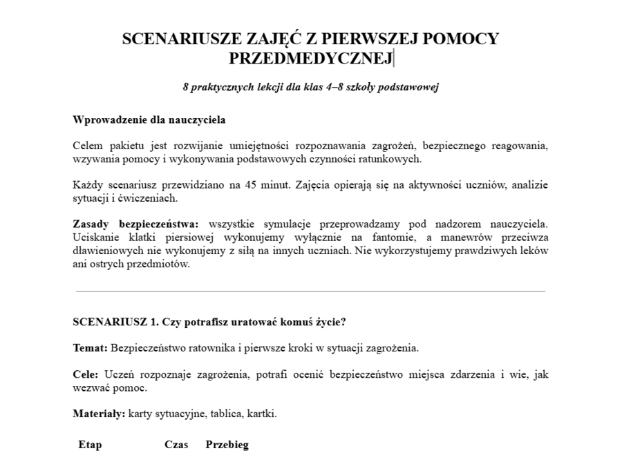 Scenariusze lekcji pierwszej pomocy przedmedycznej