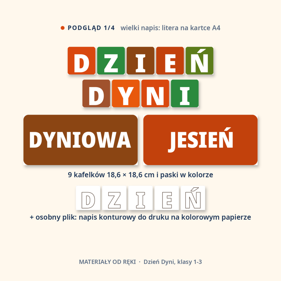 Gazetka Dzień Dyni: napis, 10 plansz o tym, jak rośnie dynia, jej krewnych, odmianach i dyni w kuchni, hasła i dekoracje, klasy 1-3