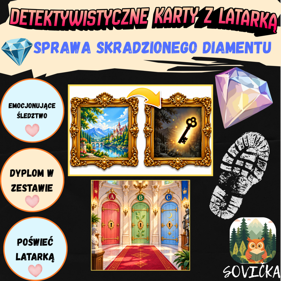 Detektywistyczne karty z latarką 🔦 Sprawa skradzionego diamentu 💎 | Gra detektywistyczna z latarką + dyplom