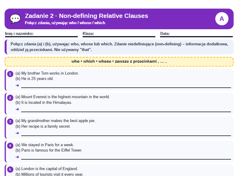 Relative clauses /gerung and to infinitive- karta pracy