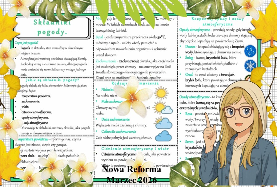 Sketchnotka/notatka - dla ucznia i przypomnienie dla nauczyciela w pdf. Temat "Składniki pogody". Przyroda 4. "Odkrywam przyrodę" zgodna z wydawnictwem Nowa Era. Dział "Obserwuję pogodę".