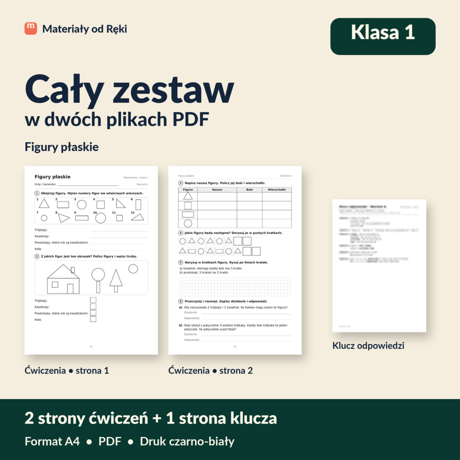 Figury płaskie: trójkąt, kwadrat, prostokąt, koło - karta pracy z kluczem | Matematyka, klasa 1 | Wariant A