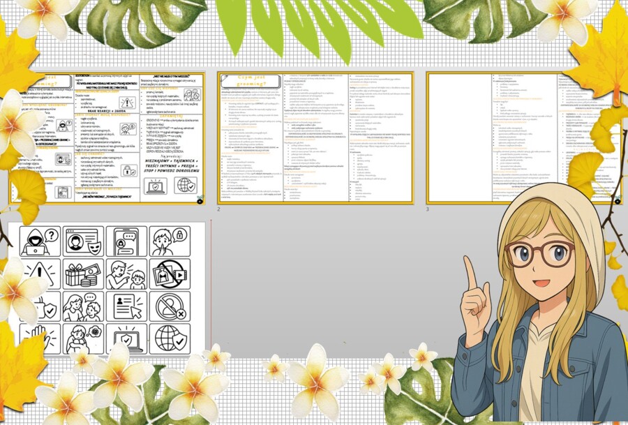 Sketchnotka/notatka dla ucznia i osobna notatka jako przypomnienie dla nauczyciela w pdf. Temat "Czym jest grooming?". Edukacja zdrowotna. Klasa 4.