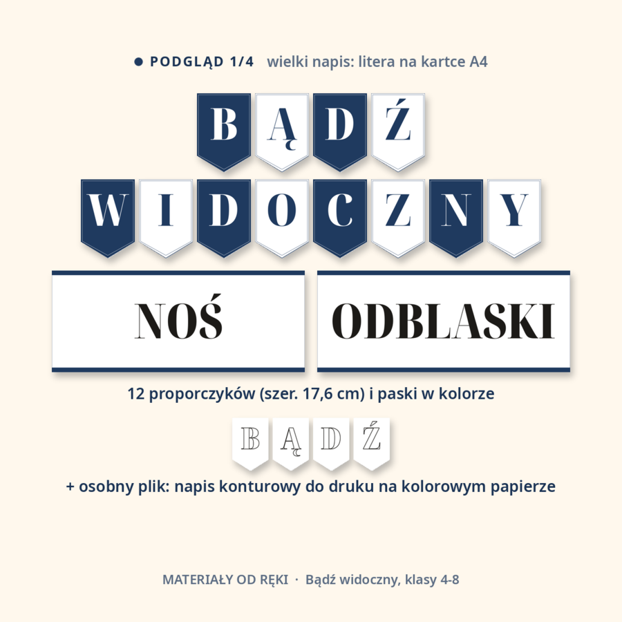 Gazetka Bądź widoczny, noś odblaski: napis, 10 plansz o widoczności pieszych, przepisach i dobrych radach, hasła i karty, klasy 4-8
