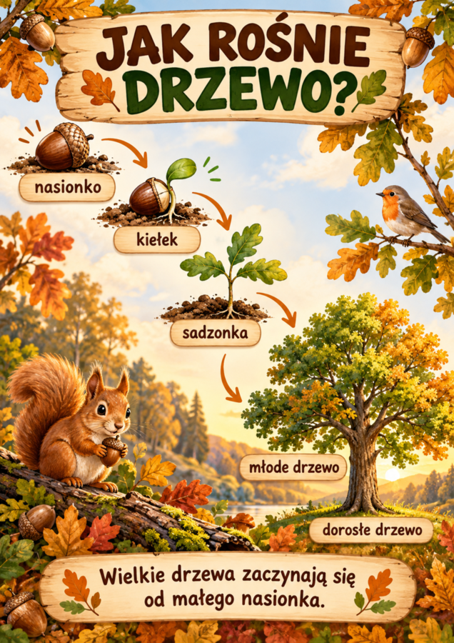 Dzień Drzewa – kompletny zestaw gazetka, duże drzewo, dekoracje i aktywności