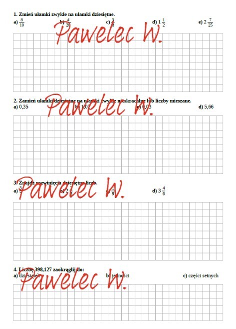 Ułamki zwykłe i dziesiętne - kartkówka, karta pracy, kl. 6, kl. 7, kl. 8