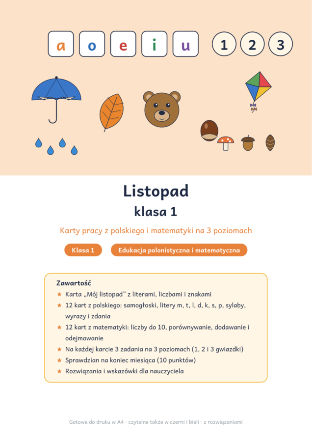 Listopad klasa 1: karty pracy z polskiego i matematyki