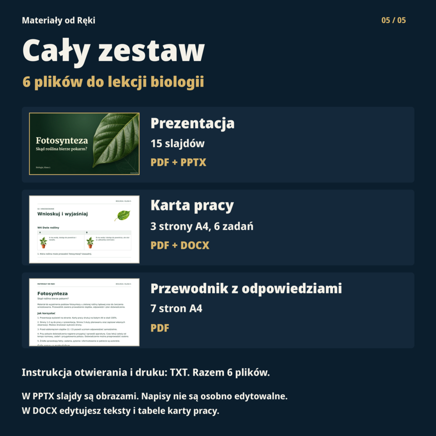 Fotosynteza, klasa 5 - 15 slajdów, karta pracy PDF/DOCX i przewodnik